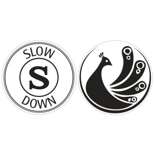 Label: "slow down", Pfau, 30mm ø, 2 Stück