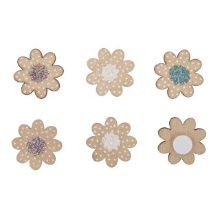 Holz-Streuteile Mini Blüten, 2,1cm ø, mit Klebepunkt, 12 Stück