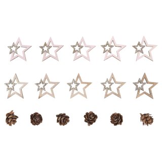 Holz Streuteile Mix Sterne + Zapfen, 2-4cm sort., Box 16 Stück