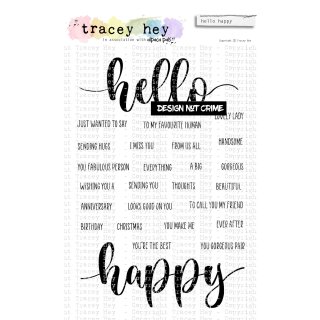 Tracey Hey, clear stamp A6, "hello happy"