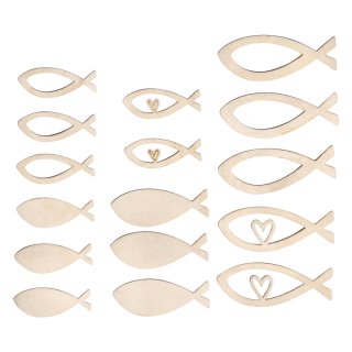 Furnierholz Fische, 4-6cm, Stärke 1mm, 16 Stück, natur
