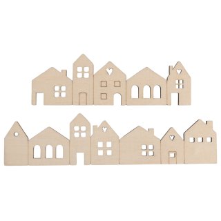 Holzleiste Mini Häuser, 10,6x3,4 + 14,1x3,4 cm, 2 Stück, natur