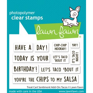 Lawn Fawn, clear stamp, treat cart sentiment add-on: tacos