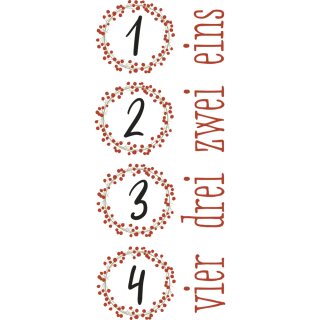 Transferfolie Adventszahlen, 1-4, 2,8-3,3 cm Zahlen, 1 Bogen, klassikrot